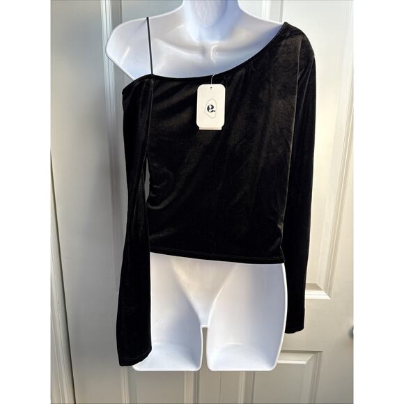 Elodie Womens Small Black Velvet Asymmetrical Twist Long Sleeve Top NWT - Picture 6 of 8